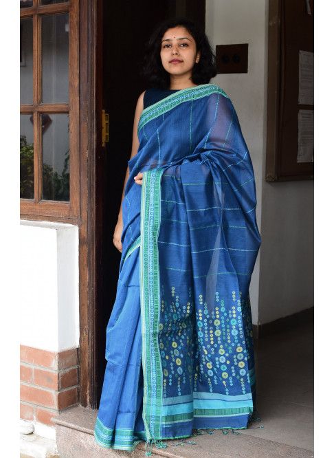 Indigo Blue, Handwoven Organic Cotton, Textured Weave , Jacquard, Work Wear, Striped Saree